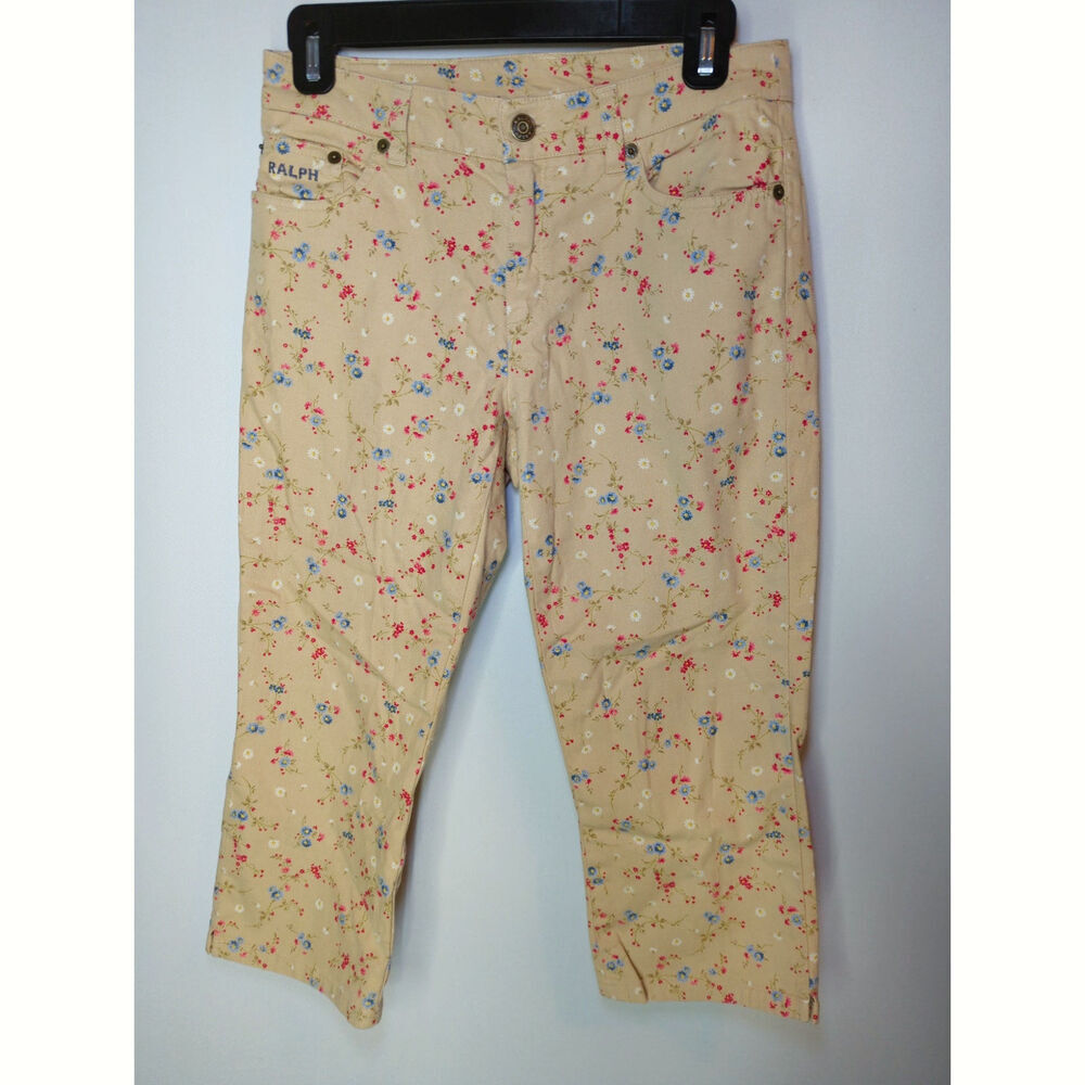 Ralph‎ Lauren Vintage Floral Capri Pants Tan Low Rise Cropped Cotton Size 0